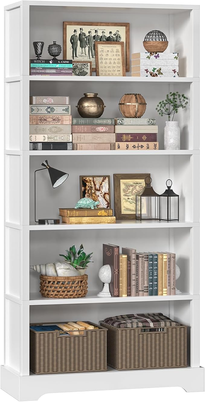 TVU 5-Shelf Wood Bookcase, 65 Inch Tall Bookshelf with Storage, Floor Standing Display Book Shelf,for Living Room Bedroom Study Office, White