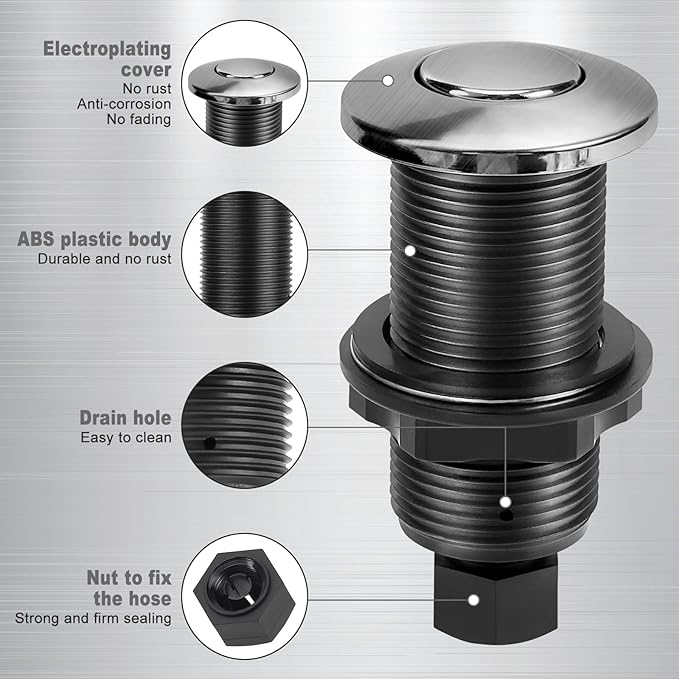Garbage Disposal Air Switch Kit, Garbage Disposal Button, Sink Top Waste Disposer On/Off Switch, UL Listed Air Switch Compatible with All Garbage Disposals (Brushed Stainless Steel)