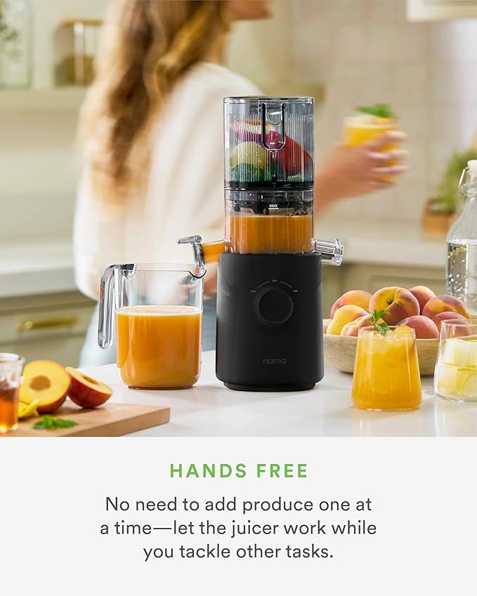 Nama J3 Compact Cold Press Juicer – Space Saving & Self Feeding for Hands-Free Operation – Lightweight, Portable Zero Waste Slow Masticating Juicer – Easy Cleanup & Assembly - Black