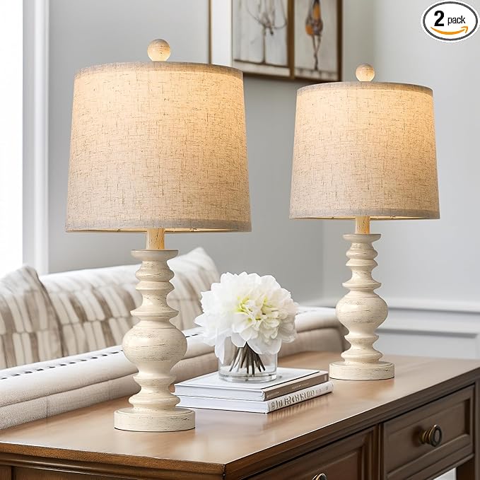 BOBOMOMO Tradition 20.5" Rustic Table Lamp Set of 2 for Living Room Farmhouse Bedside Desk Lamps Bedroom Nightstand Vintage Lamps Linen Washed(Suitable for Decorating Small Areas)