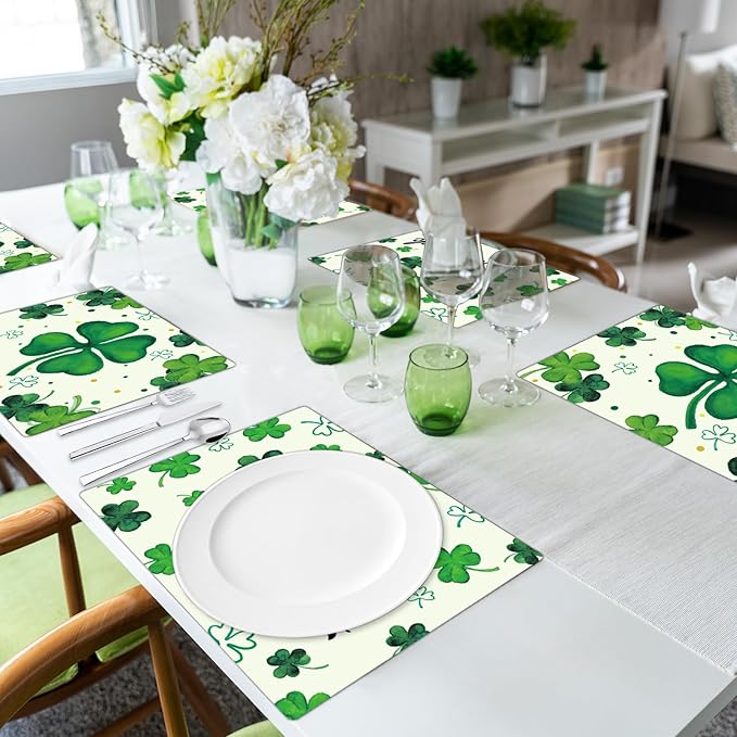 St. Patrick's Day Placemats Set of 6 Reusable Lucky Shamrock Plastic Table Mats Easy Clean Clover Place Mats Wipeable Spring Irish Table Decoration for Indoor Outdoor Party Kitchen Dining