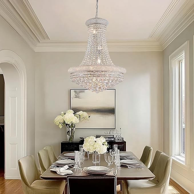 Modern Crystal Chandeliers Foryer Chandelier for High Ceilings, 11-Lights Silver Empire Crystal Chandeliers for Living Dining Room Entryway Hallway(D23.6)