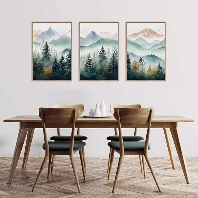 HLNIUC Misty Mountain Forest Framed Wall Art Set,Green Fog Pine Tree Wall Decor,White Foggy Forest Senic Canvas Wall Painting,Fogforest Landscape Art Print for Living Room,Bedroom,Office - 16”x24”x3
