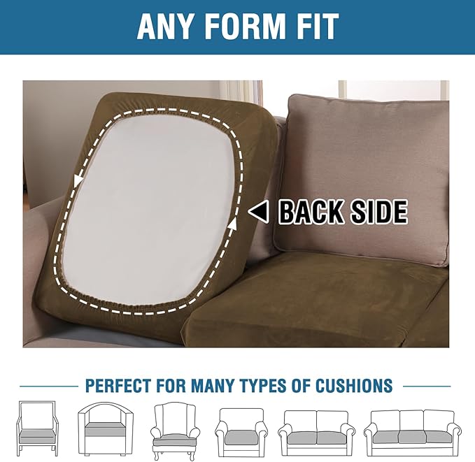 H.VERSAILTEX Velvet Stretch Couch Cushion Cover Plush Cushion Slipcover for Chair Loveseat Sofa Cushion Furniture Protector Seat Cushion Sofa Cover (3 Piece XL Sofa Cushion Covers, Bronze Brown)