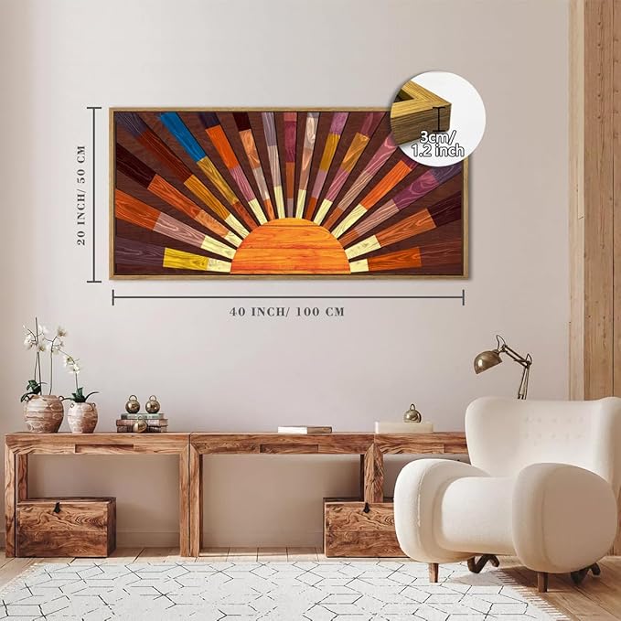 IARTTOP Extra Large Boho Sun Wood Wall Art for Living Room Wooden 3D Framed Abstract Sun Rising on the Horizon Geometric Wall Decor Mid century Sunshine Artwork Home Bedroom Office20 * 40 Inch