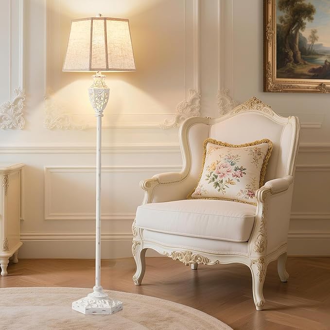 Luvkczc Rustic Floor Lamp - Resin Carved Base with Hollow Night Light, Farmhouse Cottage Decor, Vintage Standing Lamp for Living Room, Bedroom (Includes Bulb)