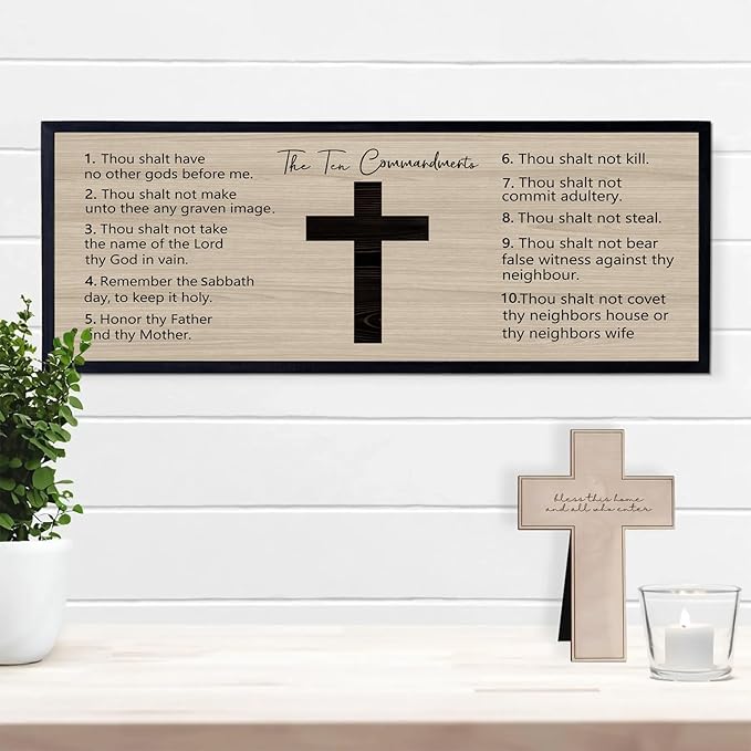Ten Commandments Rustic Bible Verse Framed Wall Art 40" x 15" Black Religious Christian Slogan Representing God Jesus Christ Prayer Vintage Holy Inspirational Catholic Scripture Decor