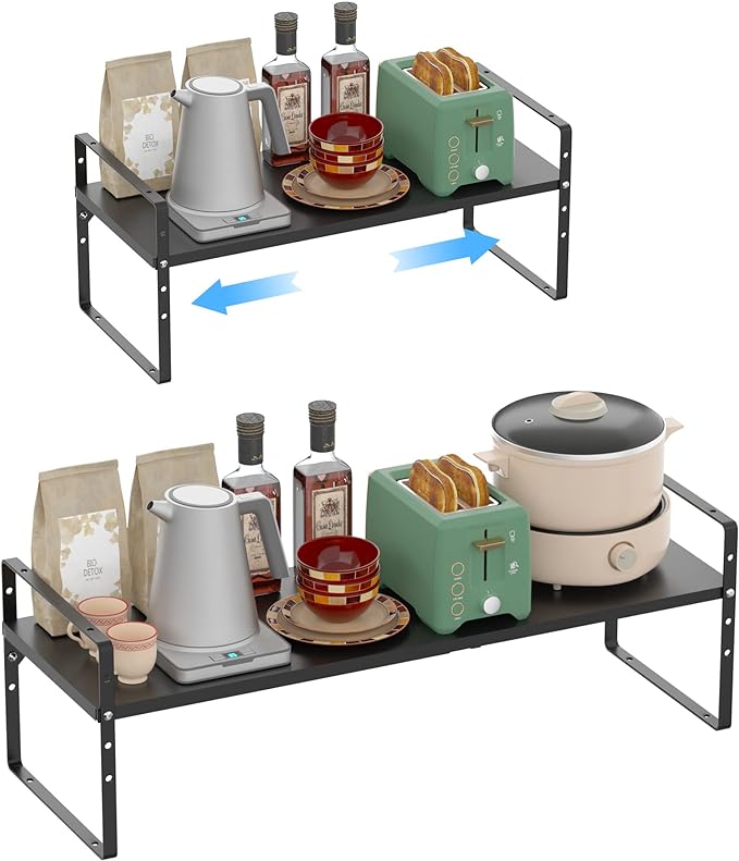 iPEGTOP Expandable Cabinet Storage Shelf Organizer Rack, Heavy Duty Cupboard Stand Spice Rack Adjustable Height Pantry Garage Shelf Space Riser for Counter Kitchen Organization, Black, 1 Pack