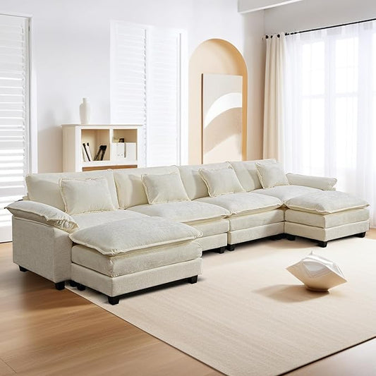URRED Modular Sectional Sofa Comfy Cloud Couch, Modern Chenille Sofa Sleeper Deep Seat Couches with Ottoman/Pillows for Living Room (White, 154'' - U Shape)