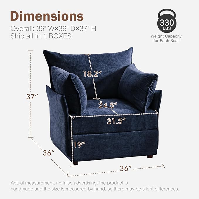 Oversized Accent Chair, Upholstered Modern Sofa Chair with Removable Backrest & Detachable Cover, 24.5" Deep Seat Large Reading Armchair for Living Room Bedroom Office - Chenille Blue Set of 1