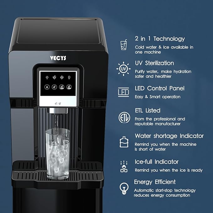 VECYS Bottom Loading Water Cooler with Ice Maker, Cold Water Supply with 18LBS Daily Ice Making, Compatible with 3 or 5 Gallon Bottles, Ideal for Home and Office (No Hot Water)