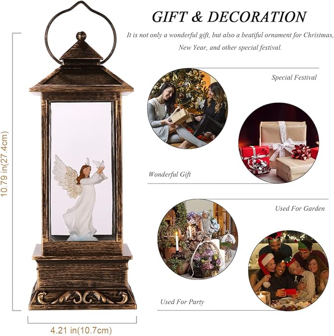 Christmas Decorations Snow Globe Lantern,Christmas Lantern with 8 Christmas Theme Music,Christmas Snow Globe Gifts Water Glittering Swirling Christmas Home Decoration(Dove Angel)