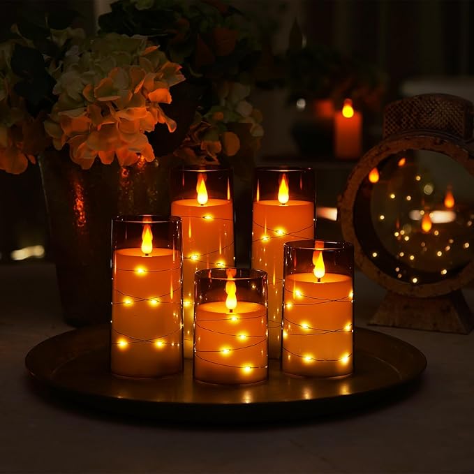 Homemory Flameless Candles with Embedded Star String Fairy Lights, Battery Operated Candles, LED Candle, Fake Candles with Remote Control and Timer for Halloween, Gray Acrylic, Set of 5(H4"5"6"8"8")