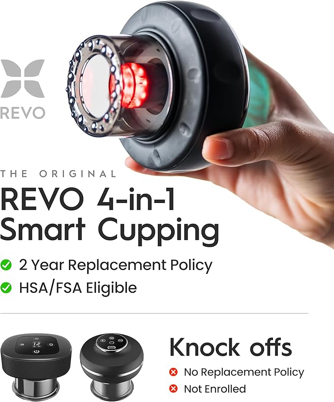 REVO The Original 4-in-1 Smart Cupping Therapy Massager, Red Light Therapy for Targeted Pain Relief, Knots, Aches, Muscle Soreness, Circulation & Tighter Skin, Portable Cupping Kit