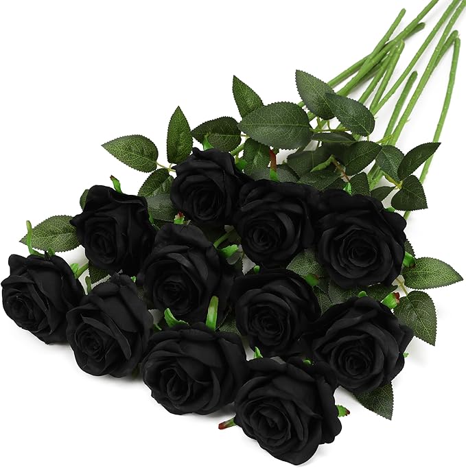 Black Fake Roses Artificial Flowers - 10 Pcs Fake Artificial Roses Silk Flowers with Stems for Home Wedding Hotel Office Centerpiece Decor