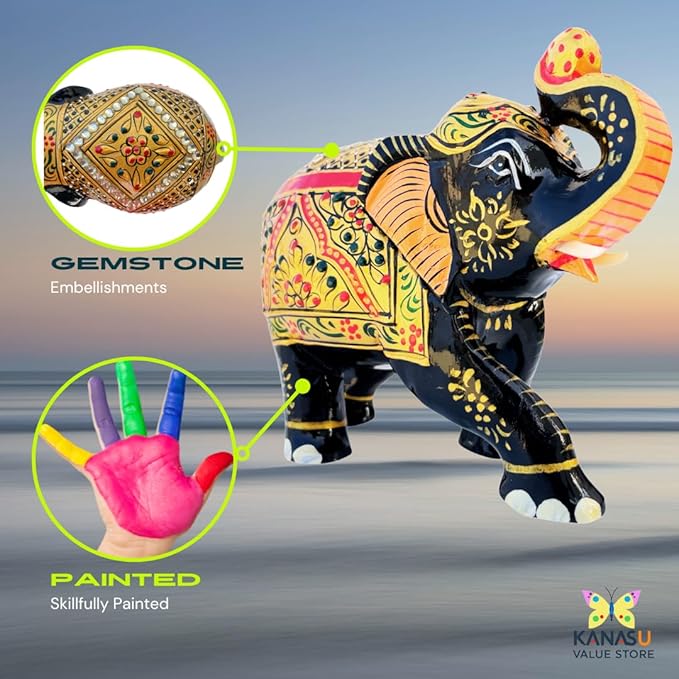Handcrafted Wooden Elephant Figurine ā Traditional Artwork, Gold & Gemstone Embellishments ā Lucky Decorative Elephant Statue for Prosperity | Beautiful Elefantes Decorativos para Sala (Black & Gold)