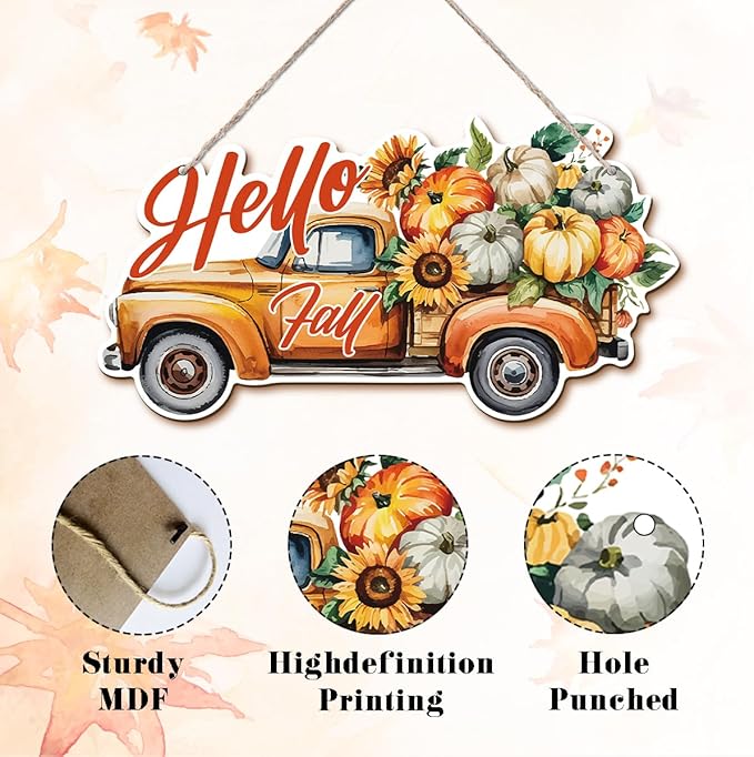 Hello Fall Wood Hanging Truck Decoration, Autumn Wooden Signs, Rustic Thanksgiving Decoration, Home Interior And Exterior Decor, Autumn Harvest Thanksgiving Home Decor