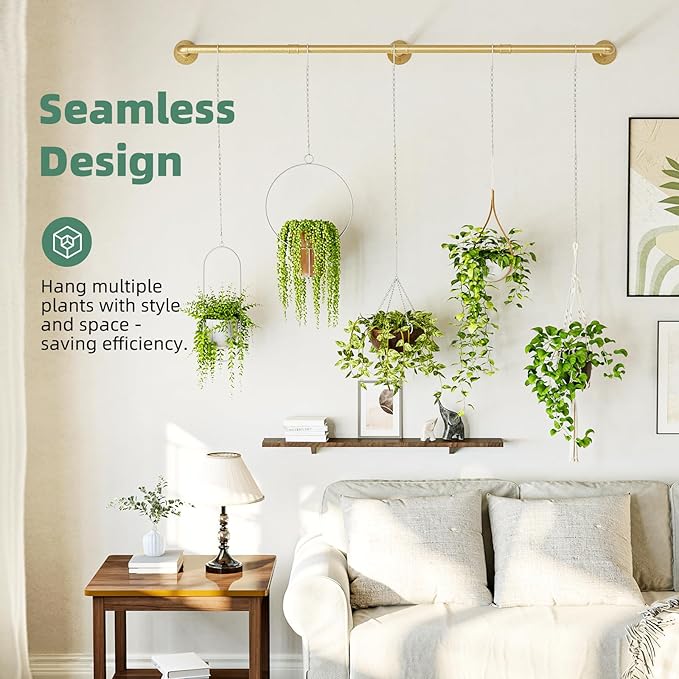 Plant Hanger Indoor Hanging Planters for Indoor Plants Hanging Plant Holder Window Plant Rod Gold Metal Shelves 63 Inch (Pot/Chains not Included