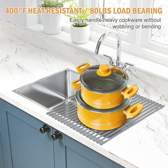 LEMIKKLE Roll Up Dish Drying Rack 17" x 13", Over The Sink Dish Drainer Rack, Foldable Sink Drying Rack, Anti-Slip Silicone Wrapped Dish Drainer for Kitchen Counter (Grey 17" x 13")