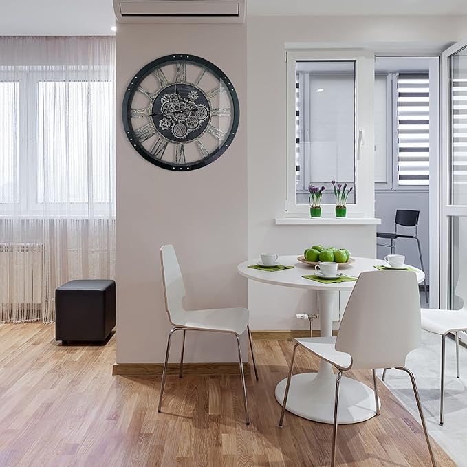 27 Inch Moving Gear Wall Clock, Oversized Wall Clocks, Clock Living Room Decor, Solid Wood Frame, Battery Operated, Large Wall Clock with Steampunk Industrial for Fireplace(Black)