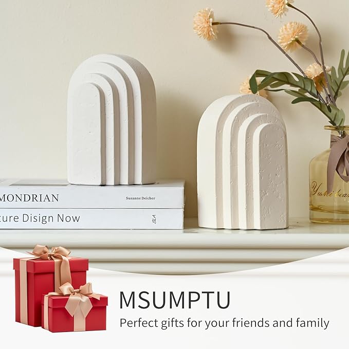 Decorative Bookends for Shelves, Set of 2 Book Ends for Heavy Books, Layered Arch Design Beige Bookend