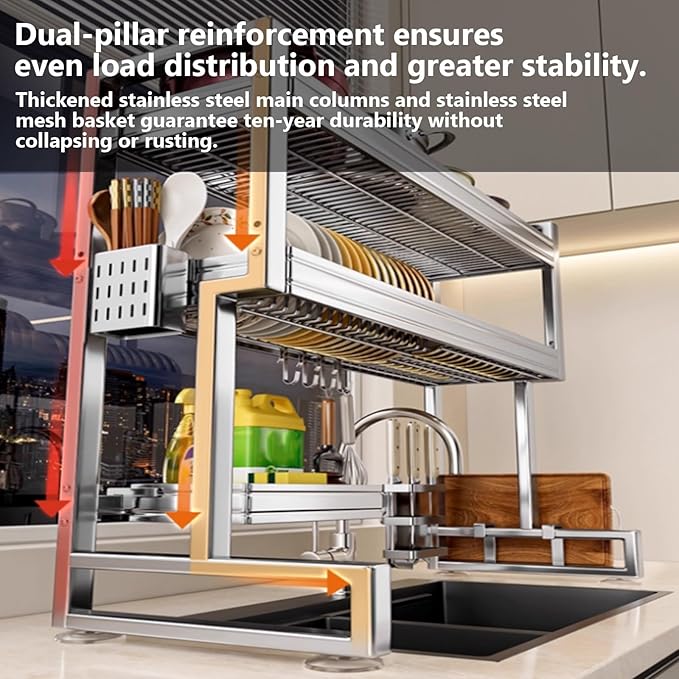 Kitchen Sink Rack Sink Above The Dish Drain Dish Washing Rack Stainless Steel Multifunctional Dish Storage Rack,Over The Sink Drying Rack for Dishes(2,85cm/33.5in)