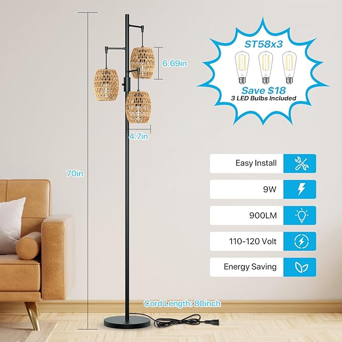 Boho Rattan Floor Lamp - Dimmable 70 Inch with Shades, Coastal 3 Light Bohemian Standing Lamp for Living Room Bedroom Office