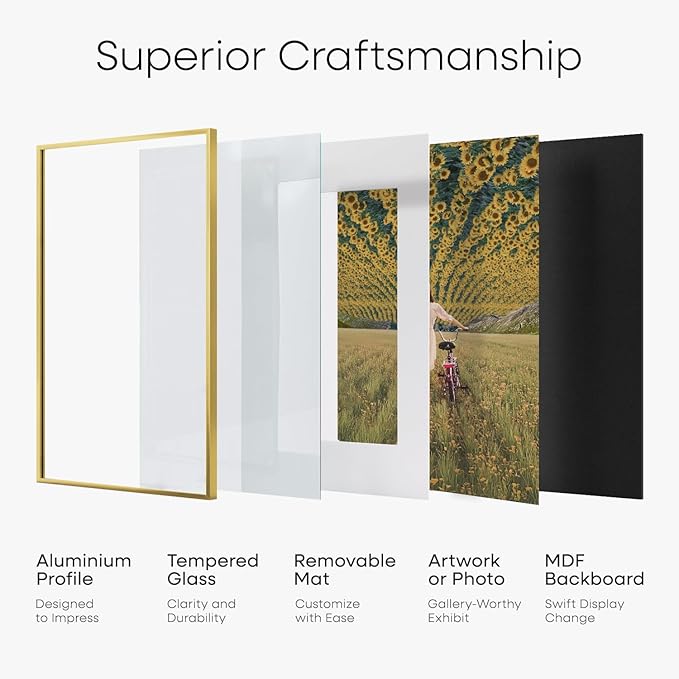 Homeforia Square 10x10 Gold Frame, High End Metal 10 by 10 Picture Frames with Mat 8 x 8, 10by10 Thin Poster Frame Matted to 8x8 inch Photo, Wall or Tabletop Frames, Tempered Glass, Wall Kit, Set of 1