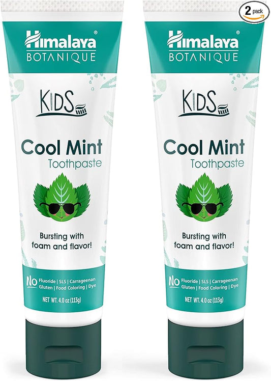 Himalaya Botanique Kids Toothpaste, Herbal, Cool Mint Flavor, Fights Plaque, Fluoride & SLS Free, Gentle, No Artificial Colors, Gluten & Cruelty Free, Vegan, Foaming, 4 Oz, 2 Pack