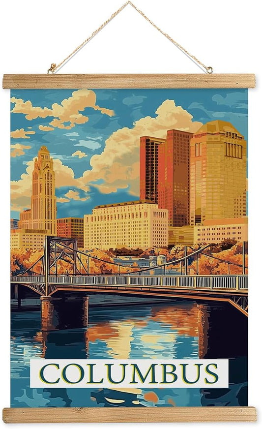 WREVERW Vintage Columbus Poster Canvas Print with Wooden Hanger Frame, Featuring Scioto River Bridge and Iconic LeVeque Tower, Wall Art for Home and Office Decor, 16x23 inches