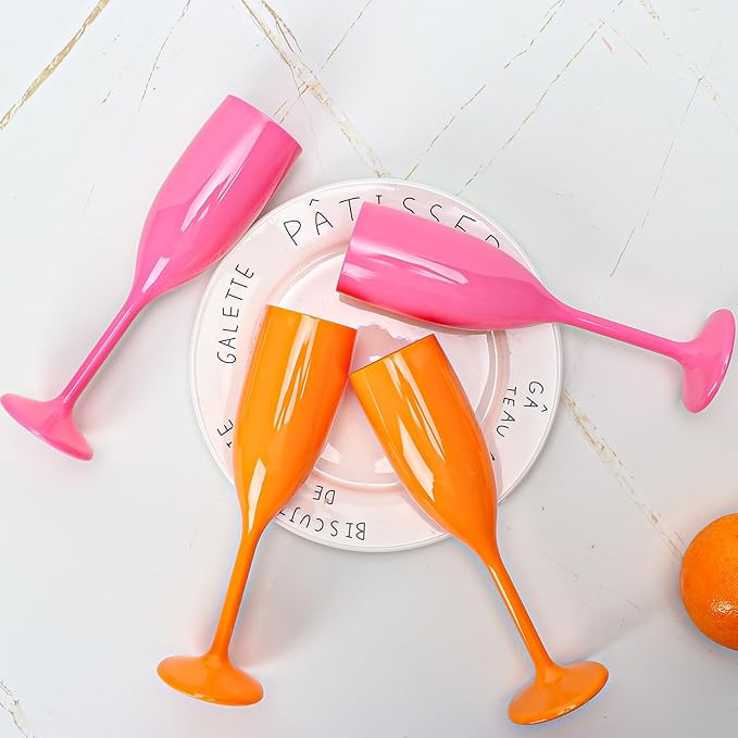 XUWAIDSGN Acrylic Champagne Flutes Toasting Glasses Unbreakable Mimosa Bar Reusable Wine Glasses Vintage Champagne Flutes Stemmed Drinking Cups 5.4 OZ for Christmas Birthday (10, Orange)