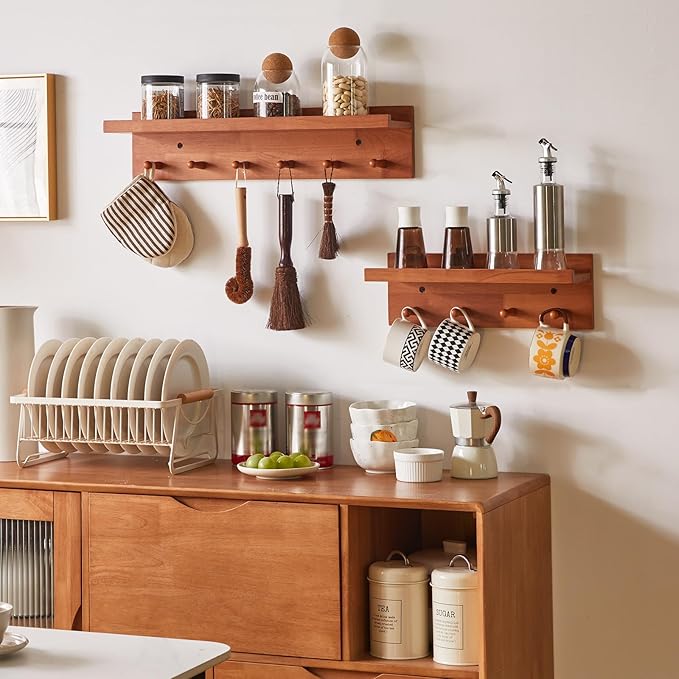 Wall Mounted Hook with Shelf,23.62in Entryway Wall Hanging Shelf,Solid Wood Coat Hooks,for Bathroom, Kitchen,Cherry Wood Color YD-WS0260C