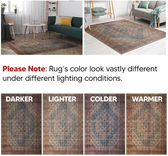 Keen Home Design 6x9 Rug - Machine Washable Area Rug with Non-Slip Backing, Ideal for Living Room, Dining Room, Bedroom - Vintage, Easy Clean, Durable, Low Pile Rug - (6' x 9')