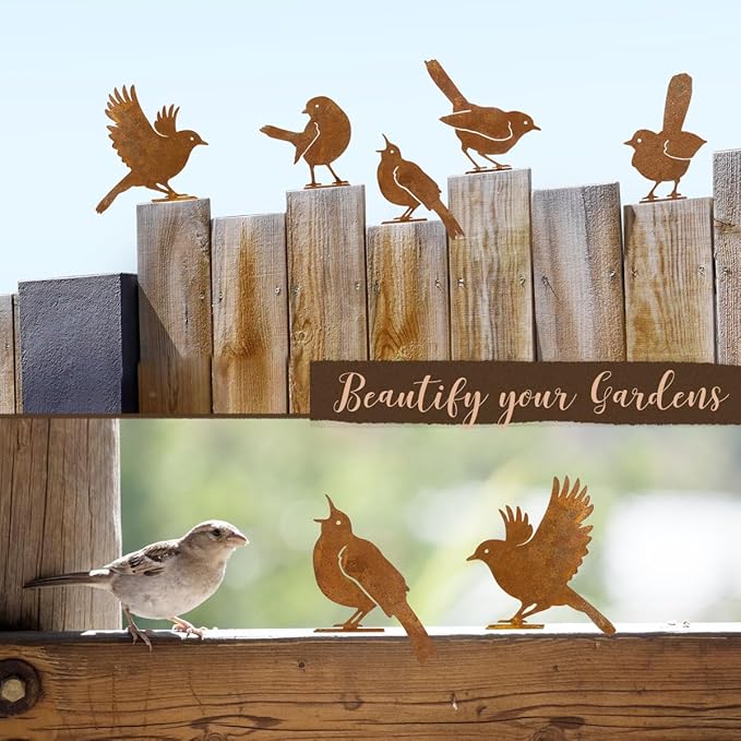 5PCS Rusty Birds Decoration,Outdoor Bird Wall Decor,Metal Birds Yard Decor, Metal Birds Craft Statue Ornaments - Garden Sculptures and Yard Art, Fence Decorations Outdoor,Rustic Garden Decor