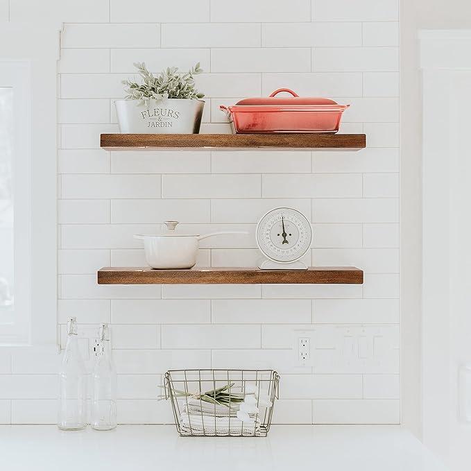 URBANDI, Rustic Floating Shelves, Set of 2, Hidden Bracket, Solid Wood, Heavy Duty, Wall Mounted Shelves, (Provincial, 36Wx8D)