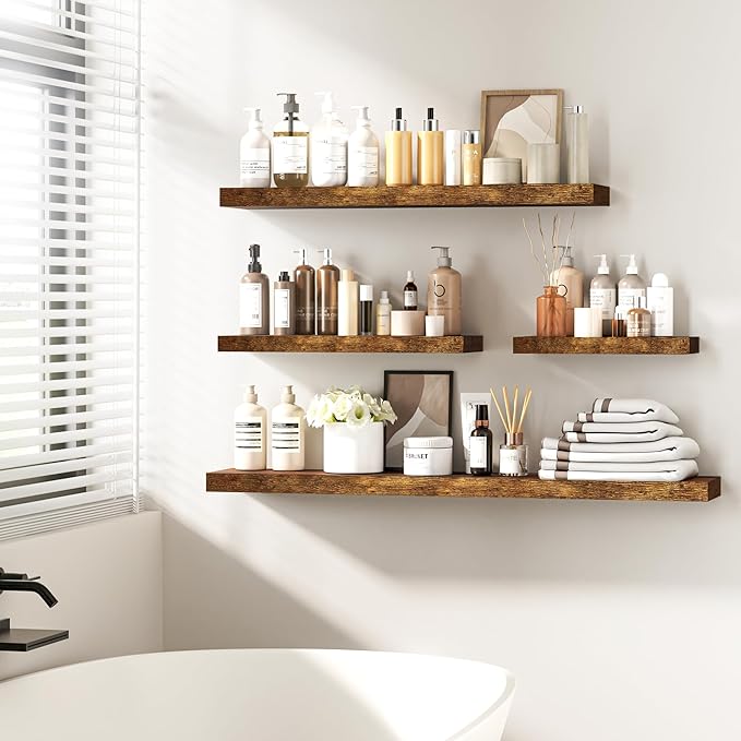 Fun Memories 36 Inch Floating Shelves - Deep Rustic Wooden Wall Shelves - Extra Deeper & Thicker Wall Mounted Storage Shelf for Bedroom, Kitchen, Farmhouse - 2 Pack, Rustic Brown