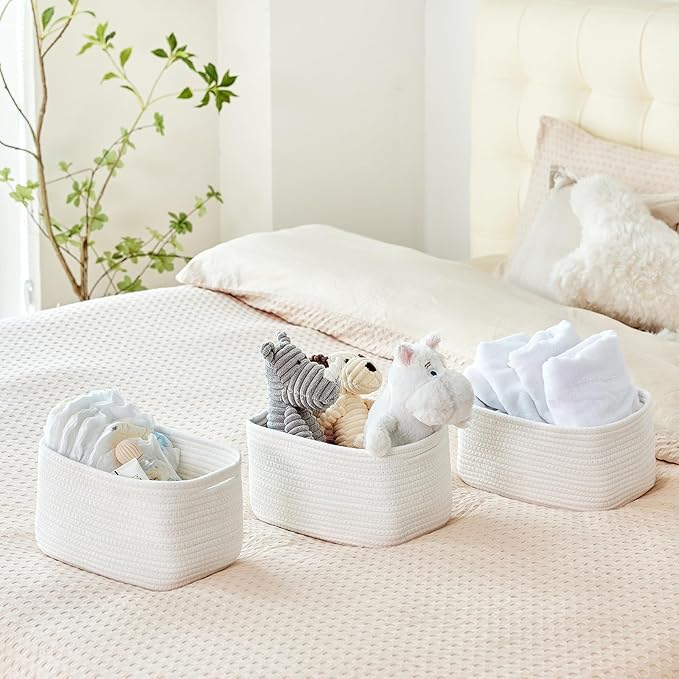 Small Cotton Rope Storage Basket Set of 3-11"x7"x7" Perfect Woven Baskets for Storage, Ideal Storage Baskets for Organizing Toys, Towels, and More - Baskets for Shelves and Home Decor(White)