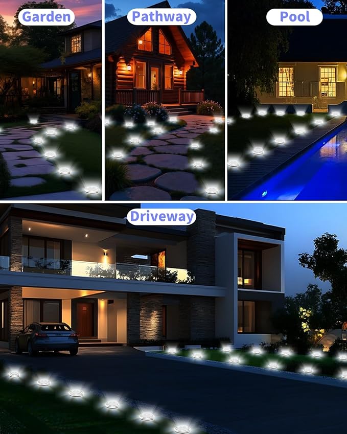 Solar Ground Lights Outdoor 2 Pack Waterproof, Upgraded Solar Garden Lights with 4 Side Light, Stainless Steel Solar Powered Disc Landscape Light for Walkway Pathway Lawn Yard Patio Deck-Cool White
