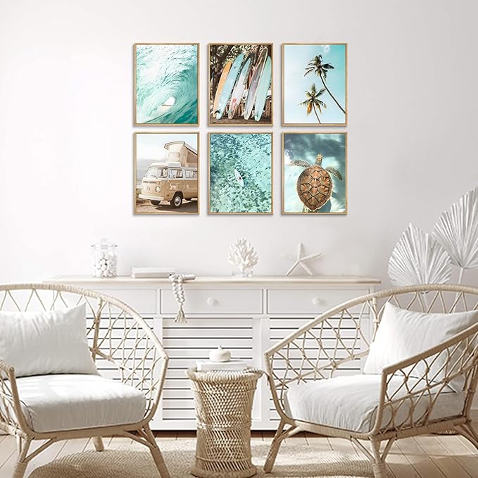 Laywhq Coastal Beach Wall Art Summer Ocean Surf Tropical Canvas Wall Decor Summer Nautical Palm Tree Turtle Surfboard Bus Room Paintings Prints Posters for Bedroom Living Room Set of 6 8x10in Unframed