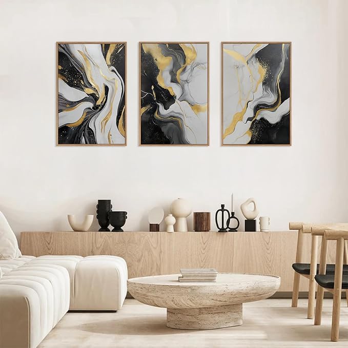 HLNIUC Abstract Gold and Black Framed Canvas Wall Art,Large Neutral Black and White Wall Decor Set of 3(16”x24”)Modern Gold Foil Framed Painting,Textured Marble Fluid Art Print for Living Room,Bedroom