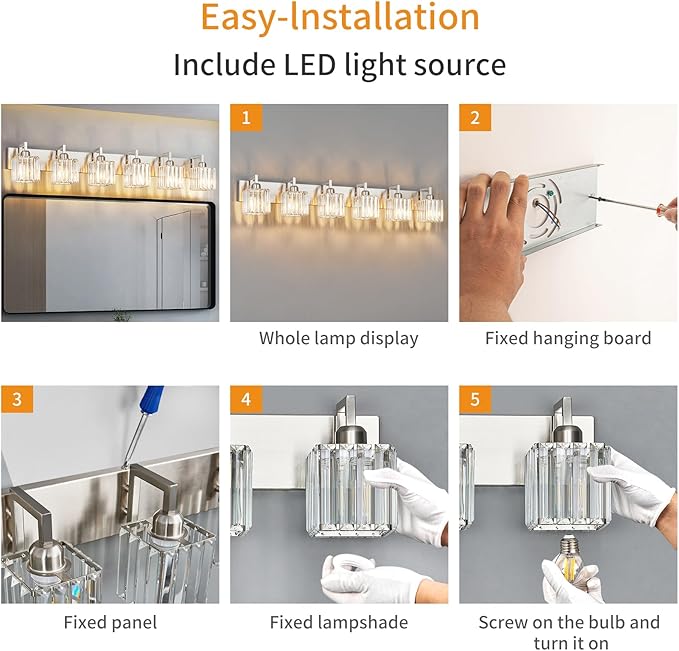 Modern Bathroom Vanity Light 6-Lights Brushed Nickel Vanity Light Crystal Wall Light Bathroom Light Fixtures