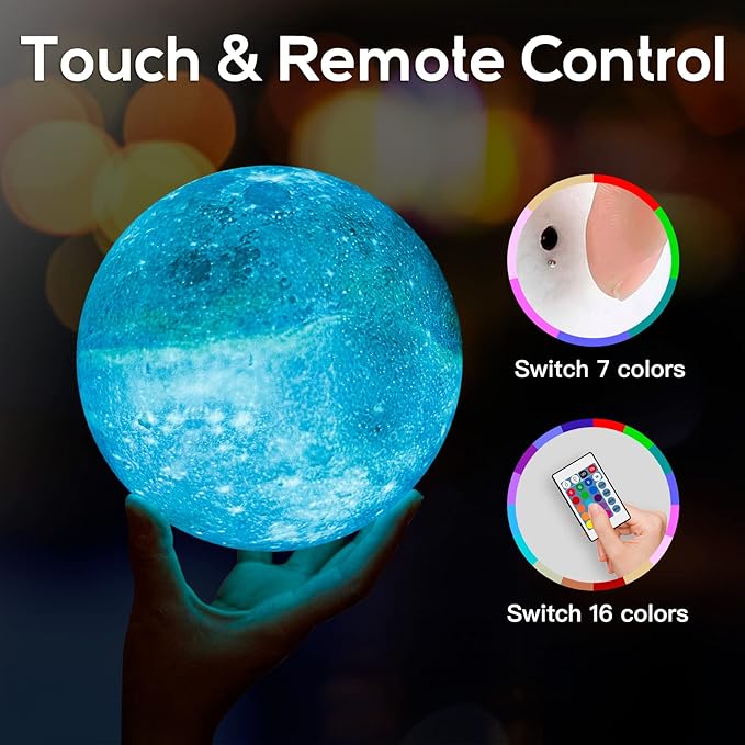 BRIGHTWORLD 7.1inch Galaxy Lamp 16 Colors Moon Lamp 3D Printing, Remote & Touch Control USB Rechargeable, Birthday Gifts for Women Room Decor Aestheticļ¼Black Hand Baseļ¼