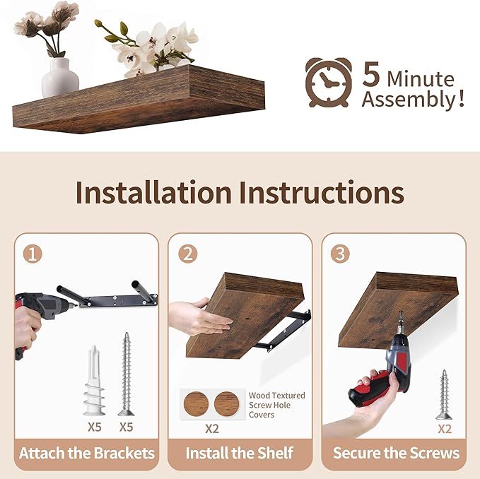 LaVie Home Floating Shelves, 24 Inch Wall Shelf Set of 2, Hanging Shelf with Invisible Brackets, Wall Decor for Bathroom, Bedroom, Living Room, Kitchen Storage, Rustic Brown