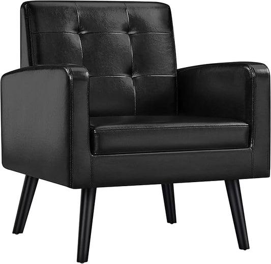 Yaheetech Mid-Century Accent Chairs, PU Leather Modern Upholstered Living Room Chair, Cozy Armchair Button Tufted Back and Wood Legs for Bedroom/Office/Cafe Black