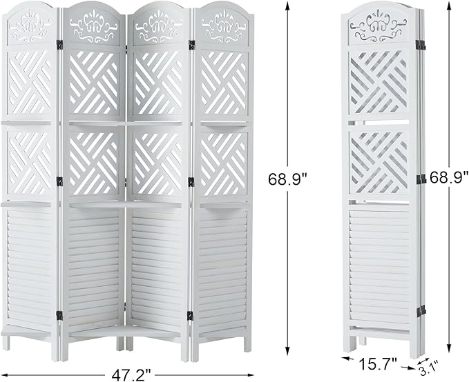 Room Divider with Shelves, 68.9inch Wood Carved and Louvered Wall Divider Freestanding, 4 Panels Folding Partition Screen for Bedroom Home Office (White)