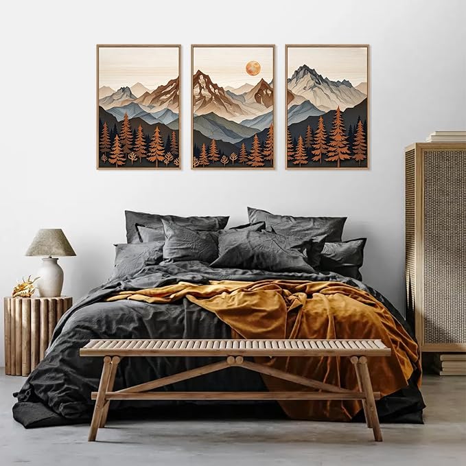 HLNIUC Large Boho Mountain Framed Canvas Wall Art Set,Woodcut Style Mountain Wall Decor,Vintage Forest Pine tree Art Prints,Nature Sunrise Landscape Wall Painting for Living Room,Bedroom - 16”x24”x3