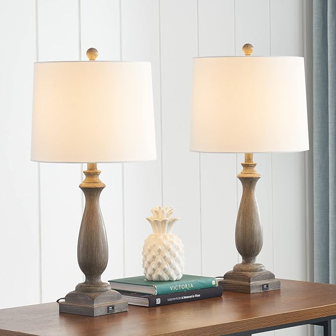 ππ-ππππ Rustic Table Lamp Set of 2 for Living Room, Vintage Farmhouse Bedside Lamp with USB Charging Port, 3 Way Dimmable Resin Nightstand Lamps with White Shade for Bedroom, End Table