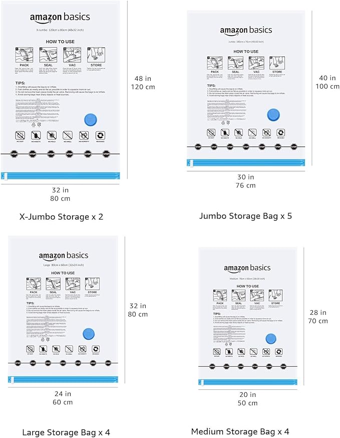 Amazon Basics Vacuum Compression Space Saving Storage Bags with Hand Pump for Clothes Packing, Pack of 15, Multiple Sizes, White