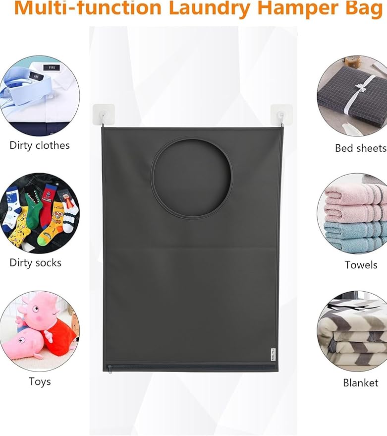 Hanging Laundry Hamper Bag โ Space-Saving Dirty Clothes Storage with Free Adjustable Stainless Steel Over-the-Door Hooks & Suction Cup Hooks โ Ideal for bathrooms, bedrooms & dorms (2, Gray)