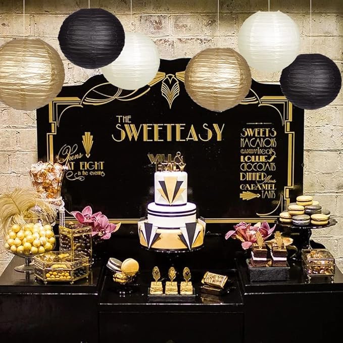 Paper Lanterns Decorative, Black Gold Hanging Round Chinese Lanterns with Lights for Graduation Anniversary Birthday Party 12 LED Light Pack of 12